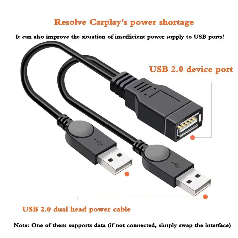 USB 2.0 1 Female 2 Male Portable Hard Drive CarPlay Computer Male to Female Extension Line USB Dual Head Auxiliary Power Supply