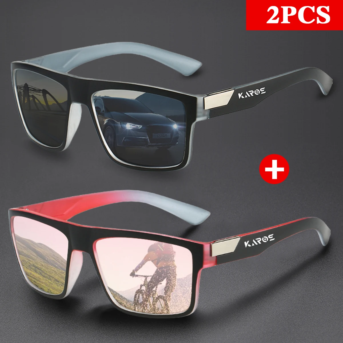 

KAROS 2PCS Fashion Square Polarized Sunglasses for Men and Women Luxury Brand Designer Driving Fishing Glasses UV400 Driver Gogg