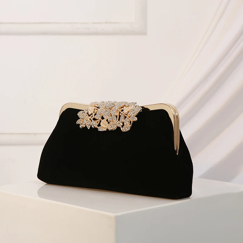 High-end Alloy Handbag, Rhinestone Velvet Evening Clutch, Dress and Cheongsam Bag with Pearl Chain