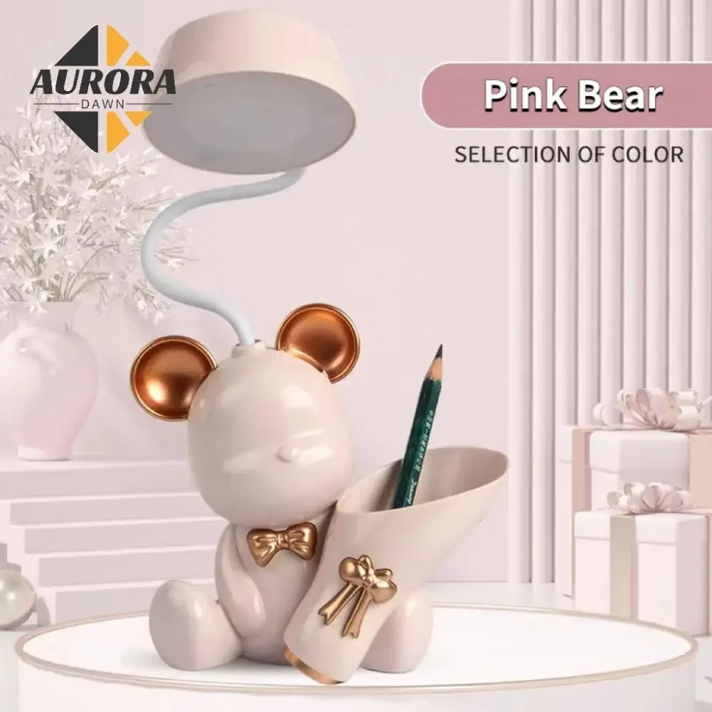 Bear Lamp LED Night Light, USB Recarregável, Proteção para os olhos, Multifuncional Table Desk Lighting with Pen Holder, Aprendizagem, Bonito ABS