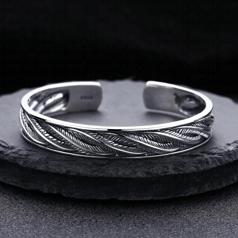 S925 Sterling Silver Charms Bracelets for Women Men Emboss Leaves Pattern Bangle Retro Old Punk Fashion Jewelry Wholesale