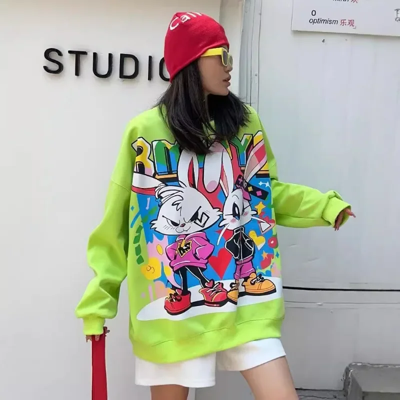 Oversized Casual Loose Graffiti Cartoon Printed Sweatshirts Women\'s Medium And Long Sweet Round Neck High-end Autumn Top Hoodies