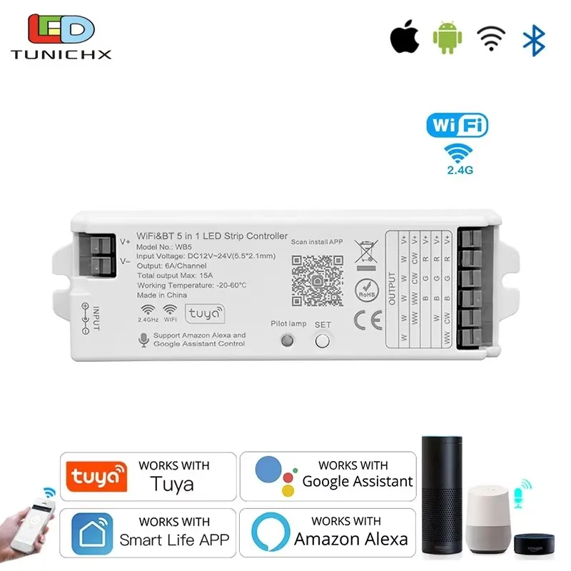 WiFi 5 w 1 Kontroler LED Tuya Alexa Google Home Sterowanie głosowe RGB RGBW CCT Led Strip Ściemniacz Bluetooth APP RF Remote 12V 24V