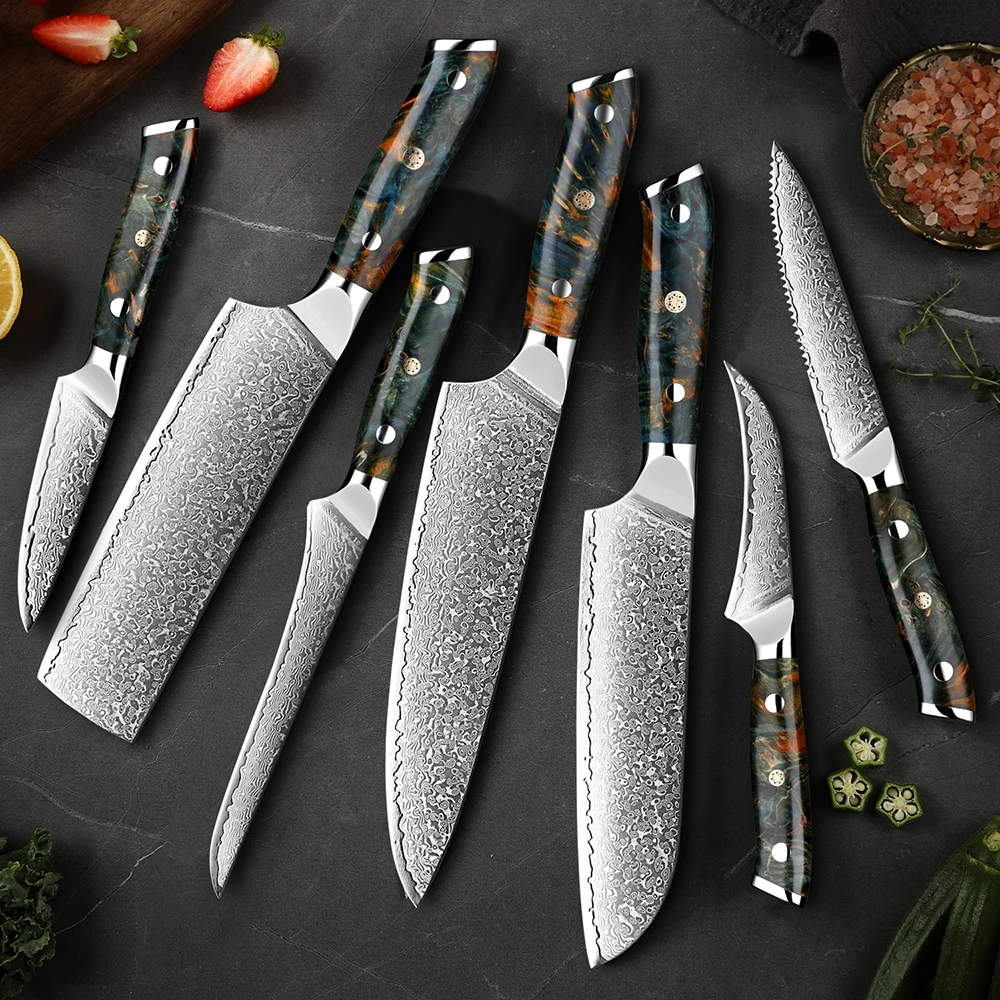 1-7 Piece Damascus Kitchen Knife 67-Layer Japanese VG10 Steel Chef's Cleaver Knife Santoku Knife,Boning Knife,Fruit knife & More