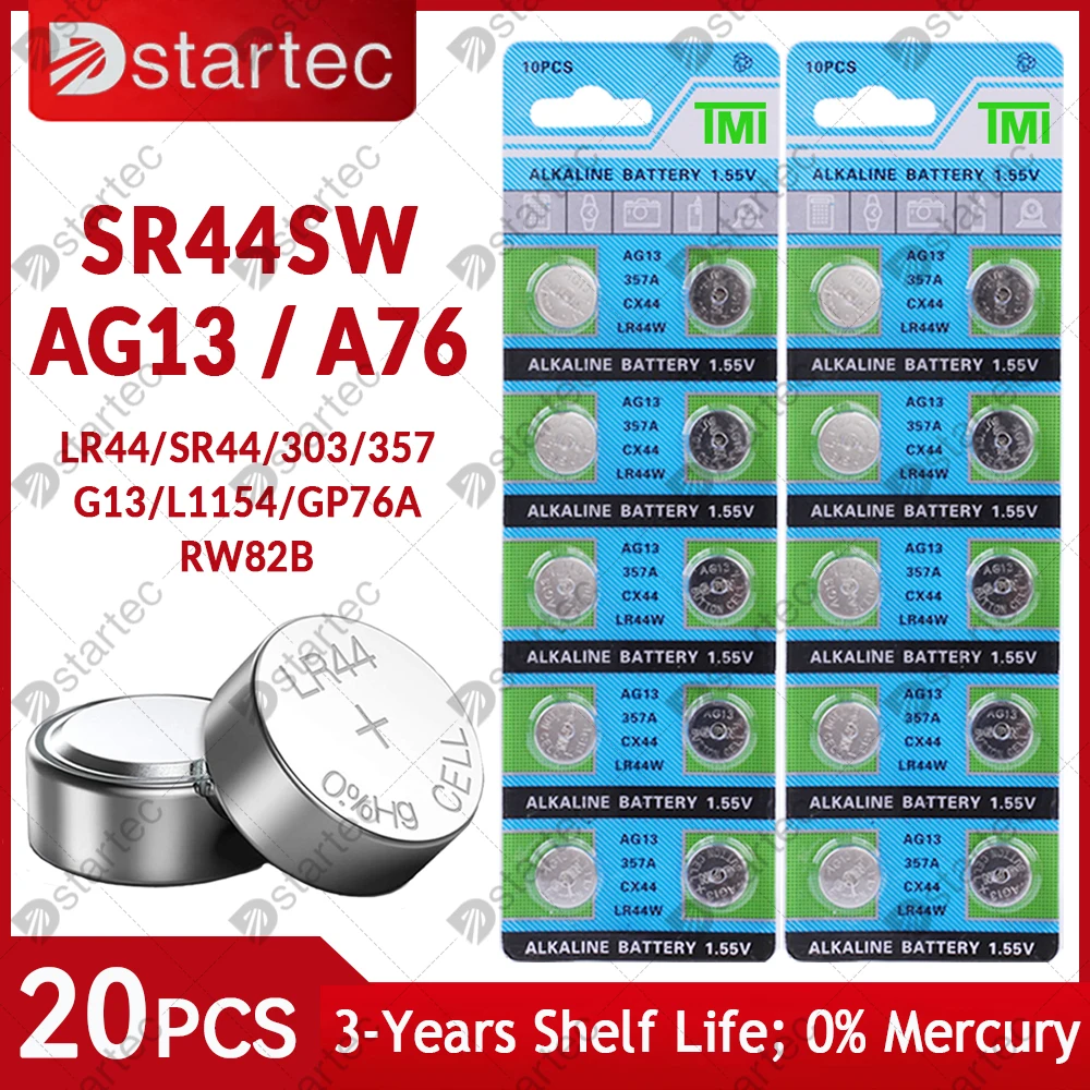 Pile alcaline AG13, LR44, A76, 1.55V, bouton 24.com, pour montre, jouets, télécommande L1154, éventuelles 76, Pila SR44, LR1154, 357, 303, 20 pièces