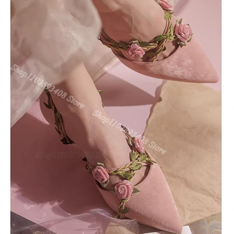 

Pink Flock Flower Decor Pumps Pointed Toe Shallow Spring Low Heels Elegant Fashion Party Women Shoes 2024 Zapatos Para Mujere