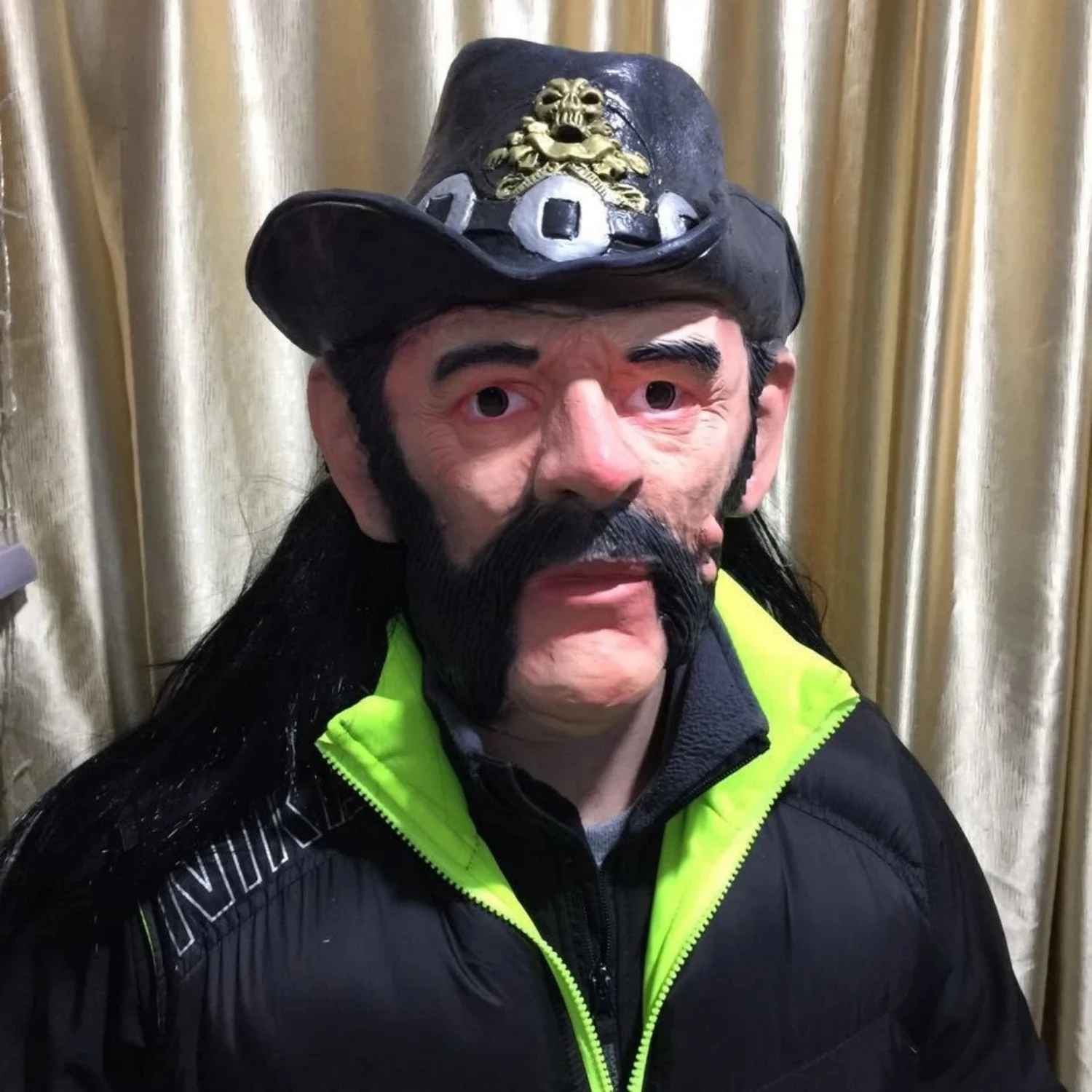 Máscara de celebridad Lemmy Kilmister para adultos con sombrero y peluca de látex de goma accesorio de disfraz de vaquero para anciano cantante Pop
