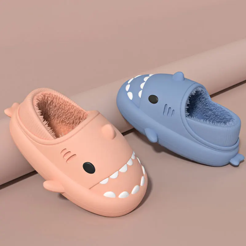 Bebealy New Cute Shark Slippers For Women Winter Warm Fur Shark Flip flops Women Outdoor Lovely Fluffy Plush House Man Slippers