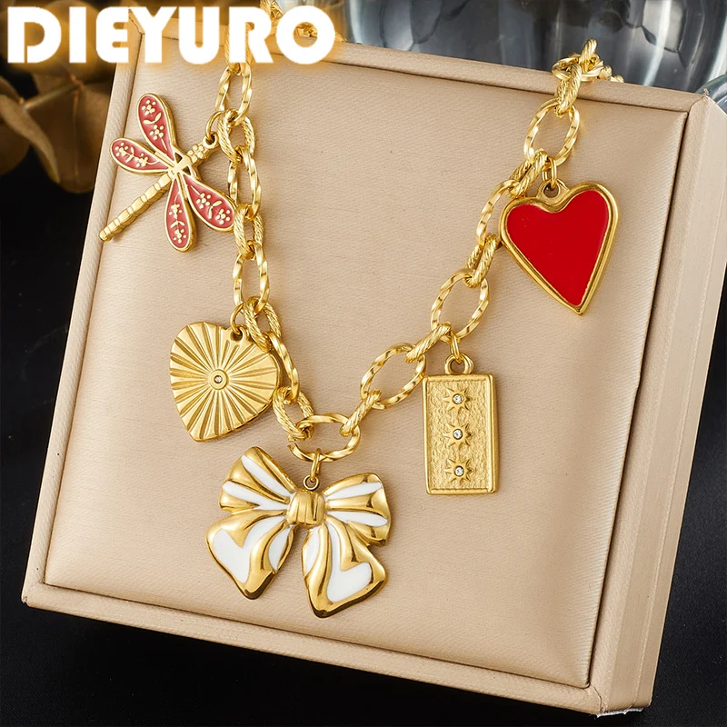 DIEYURO 316L Edelstahl Goldene Schleife Vintage Libellen-Herz Anhänger Halskette Damen Niedliche Emaille Boho Halskette Schmuck