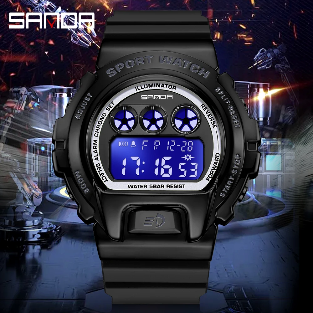 SANDA Fashion Cool Men Electronic Watch HD Luminous LED Display 2023 New Mens Watches 50M Waterproof And Wear Resistant Reloj