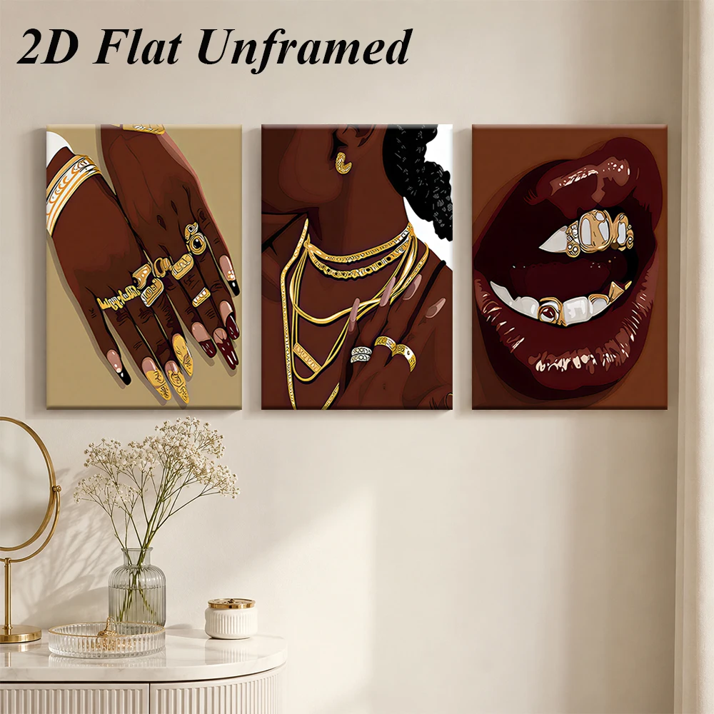 1 set of triptych frameless decorative paintings featuring African women's hands, neck, lips, and jewelry elements 2D flat