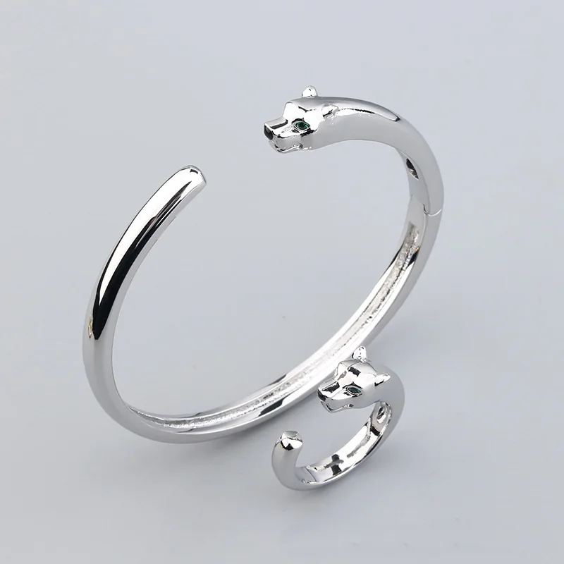 Europe America Fashion Style Men Women Lady Plated Gold Color Inlay Cubic Zircon Green Eyes Leopard Open Ring Bracelet
