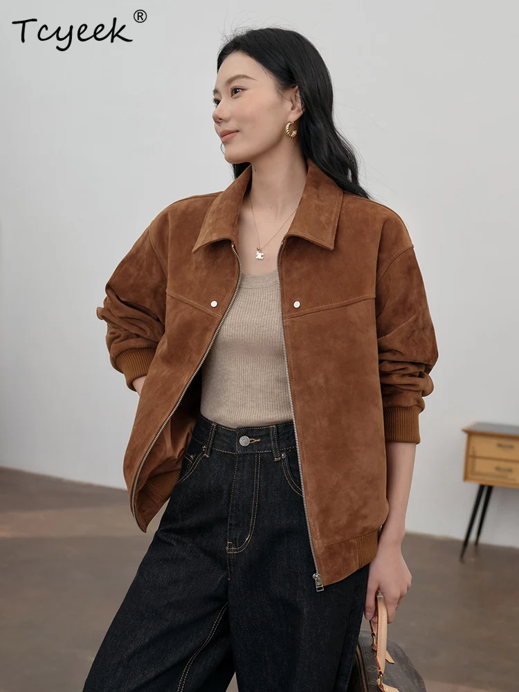 Tcyeek Real Sheepskin Spring Autumn High End Trendy Lapel Suede Brown Women's Genuine Leather Jacket Женская Кожаная Куртка