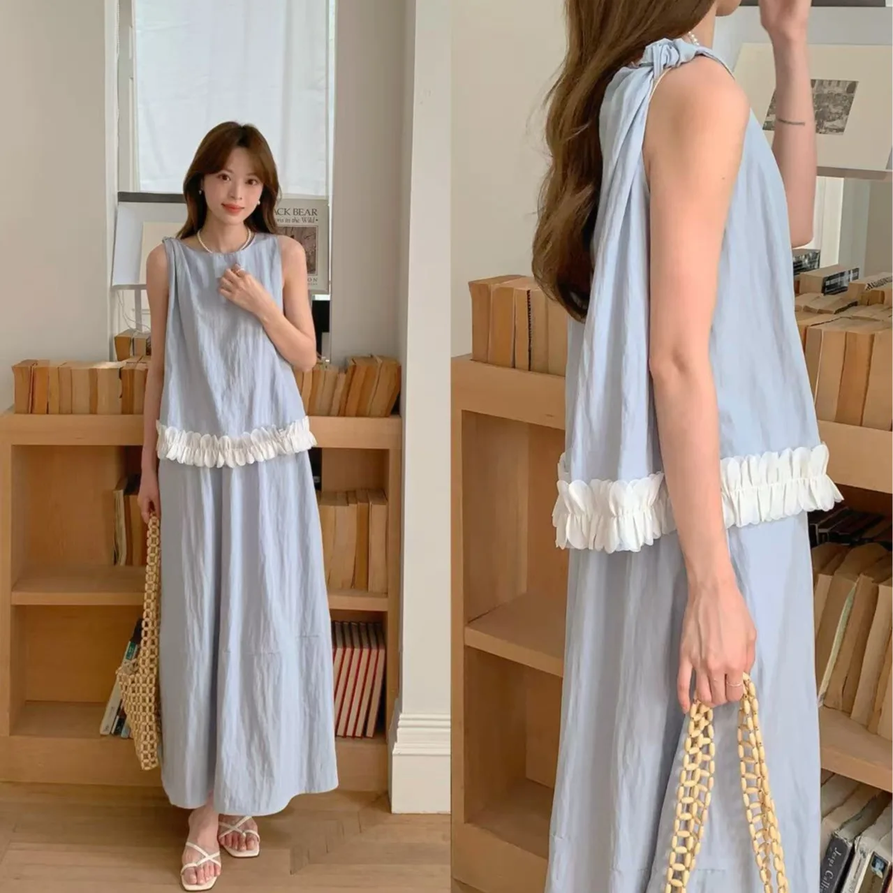 

Korean Style Fashion Side Collar Tie Waist Half Skirt Sleeveless Vest Two Piece Set Women's Summer Clothing round Neck No Sleeve