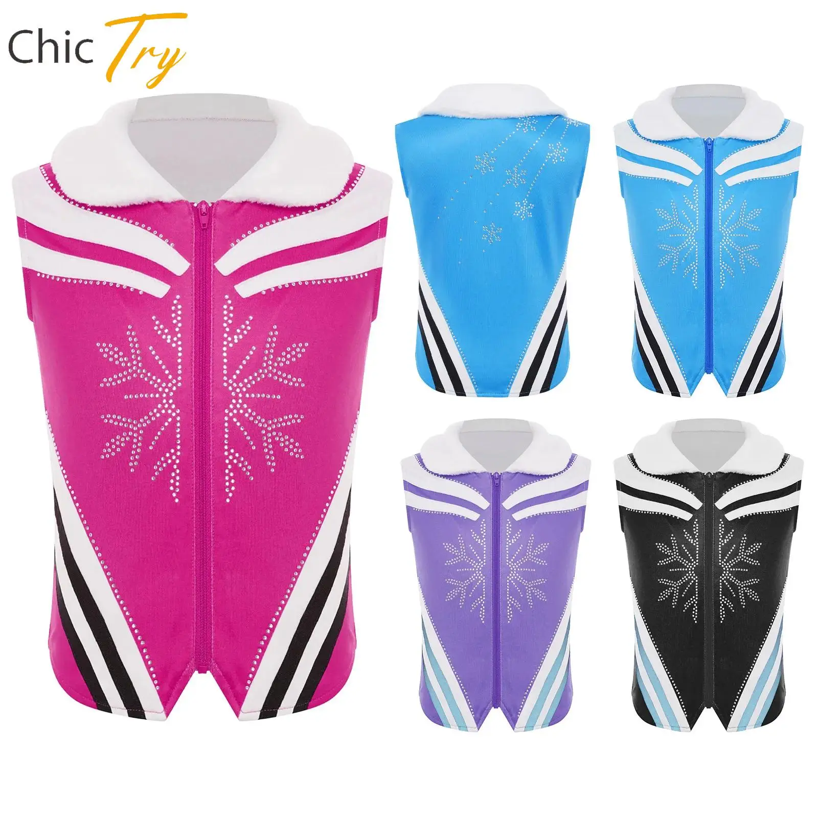 

Child Girls Rhinestones Figure Skating Vest Jacket Fleece Collar Sleeveless Jacket Outerwear Sportswear for Training Competition