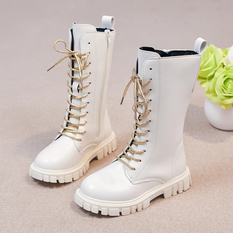 *Winter Zipper Elegant Square Heel Girls' Casual Boots Fashionable Round Toe Comfortable Lace Up Children's Black Midsole Boots