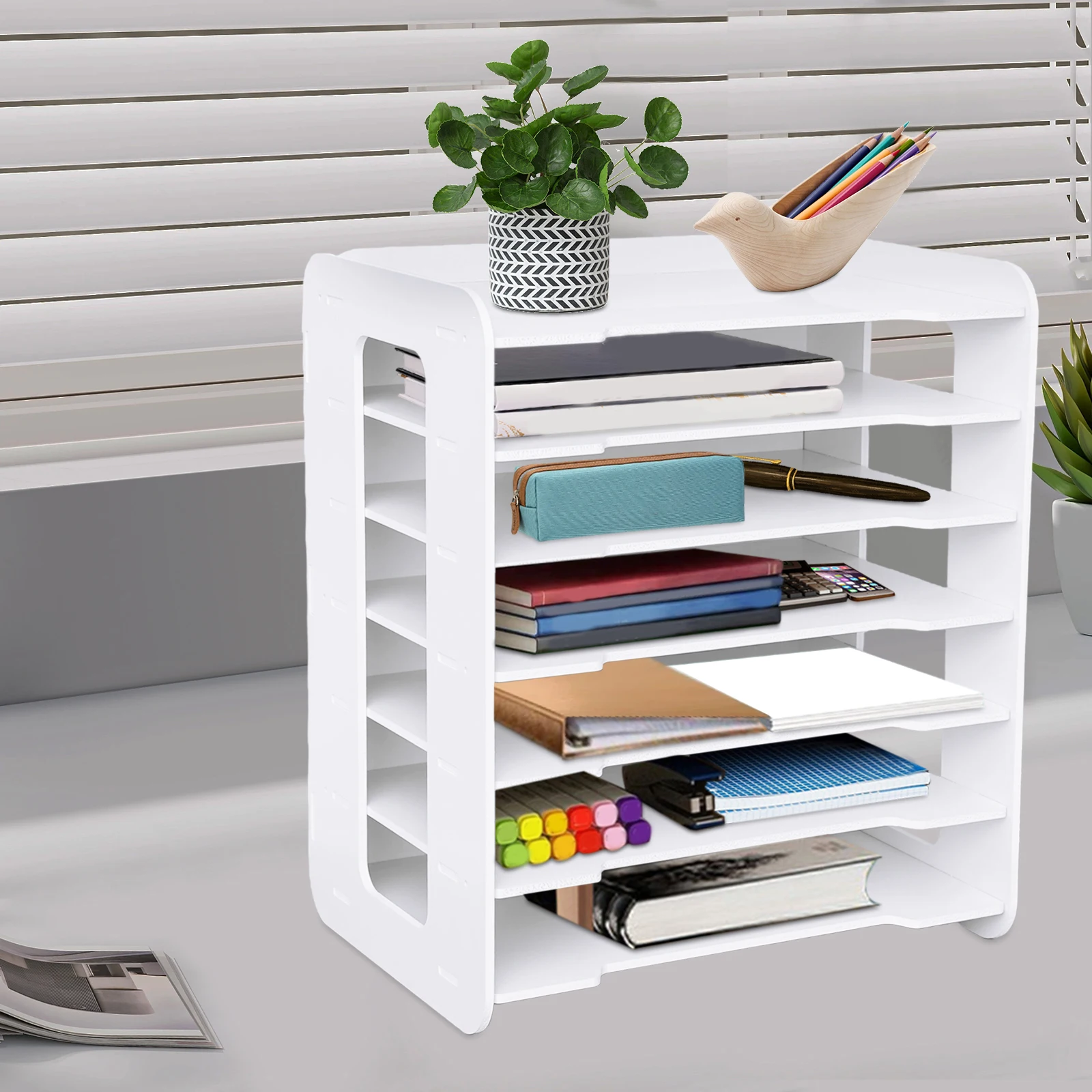 7-Tier Horizontal White File Organizer (PVC), Space-Saving & Solid Structure (Mortise-Tenon+Screws)—Ideal for Home/Office