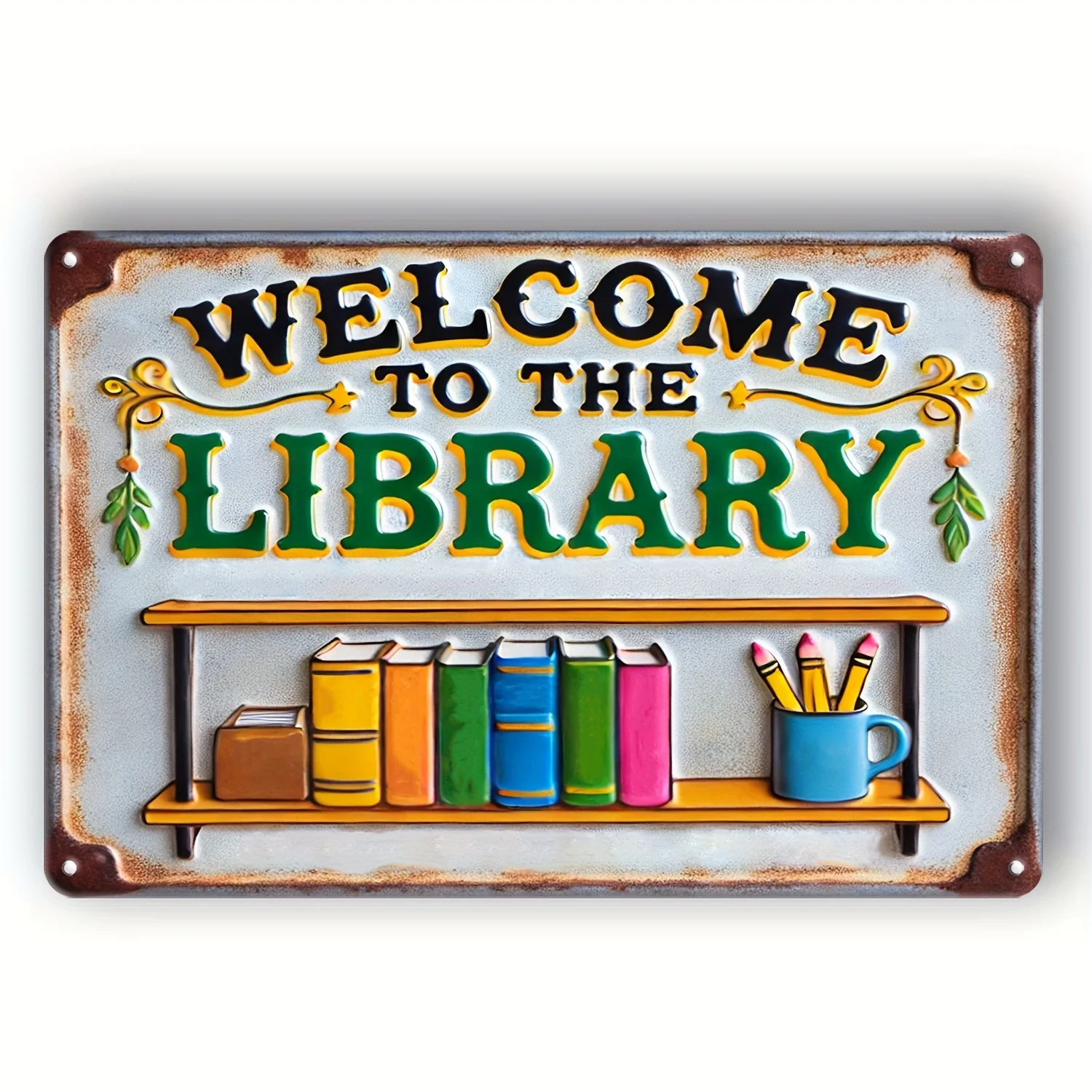 

Rustic Charm) Vintage Welcome to the Library Metal Sign - Rustic, Humorous Decor for Home, Bar, Cafe, Garage - Colorful Booksh