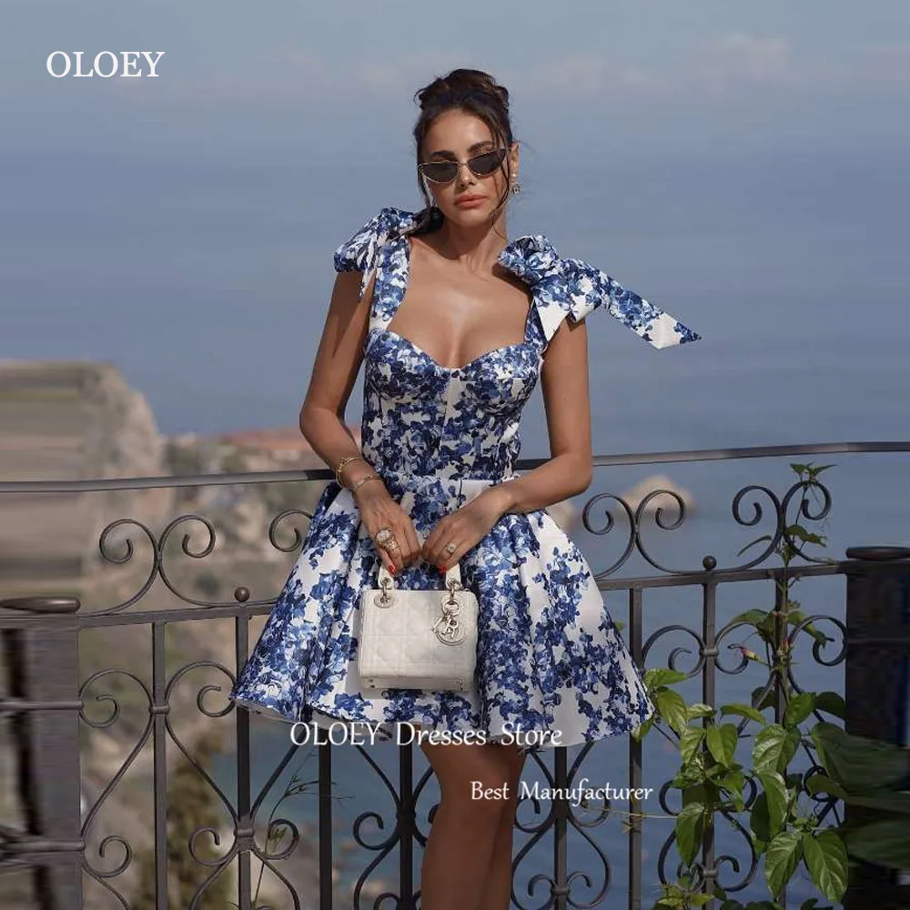 

OLOEY Printed Blue Short Prom Party Dresses Sweetheart Adjustable Straps Mini Cocktail Dress Formal Event Gowns US Women