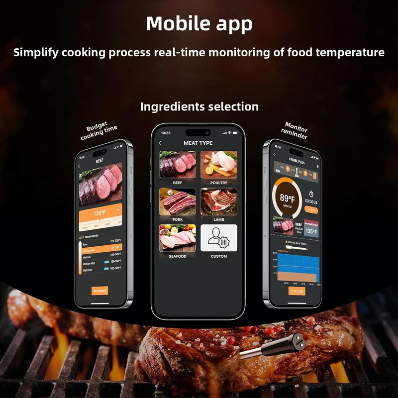 Wireless BT Meat Thermometer Ultra-Thin Probe Cooking Thermometer for BBQ Oven Grill & Smoker Precise Baking Monitoring