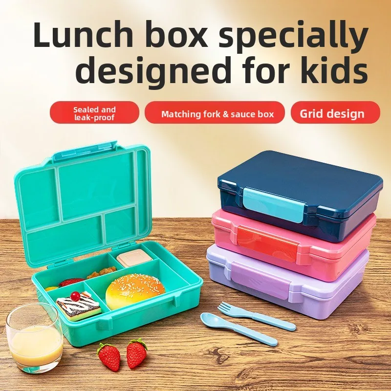 Boîte à bento pour étudiants avec vaisselle, boîte à déjeuner multi-grille à boucle unique, peut être plaquée dans une boîte à déjeuner au four à micro-ondes