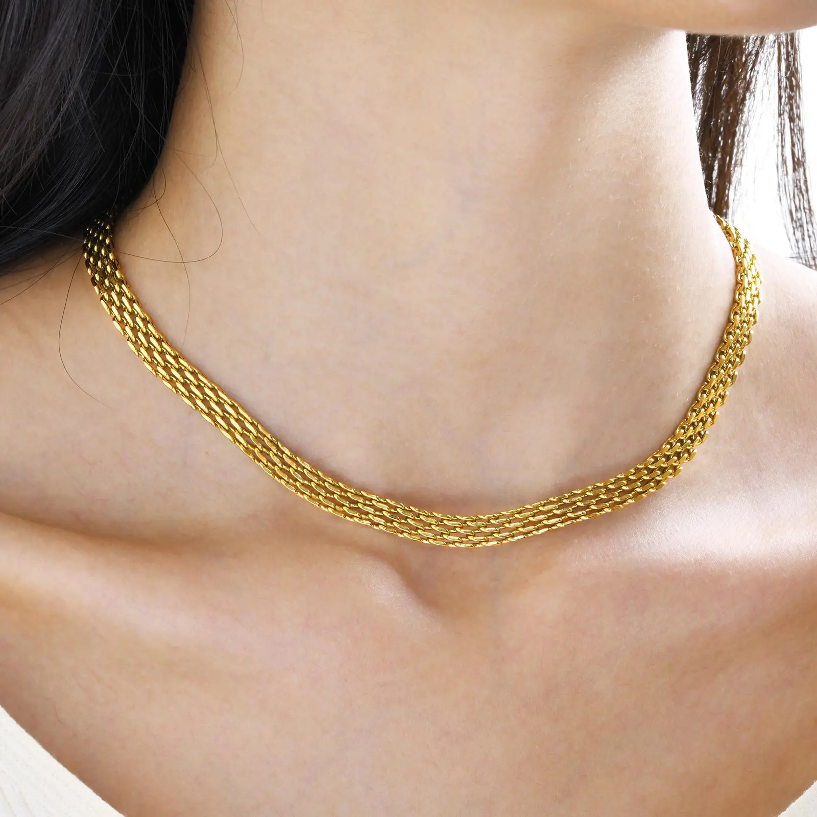 Vnox Trendy Mesh Chain Choker Necklaces for Women, Gold Color Stainless Steel Link Collar, Chic Gifts Jewelry