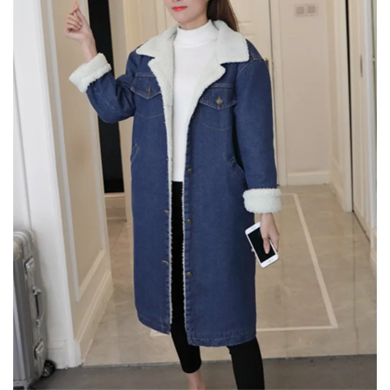 

Real Shot Autumn and Winter New Lamb Wool Piled Thickened Denim Trench Coat Women's Medium and Long Cotton Jacket Commuter Style