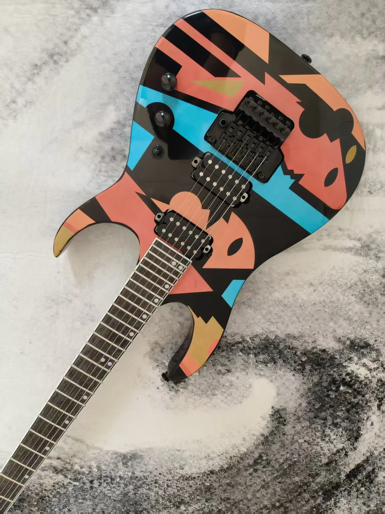 6 String Double Cutaway Electric Guitar, Colorful Geometric Graffiti Paint, HH Pickups Double Tremolo System Musical Instrument
