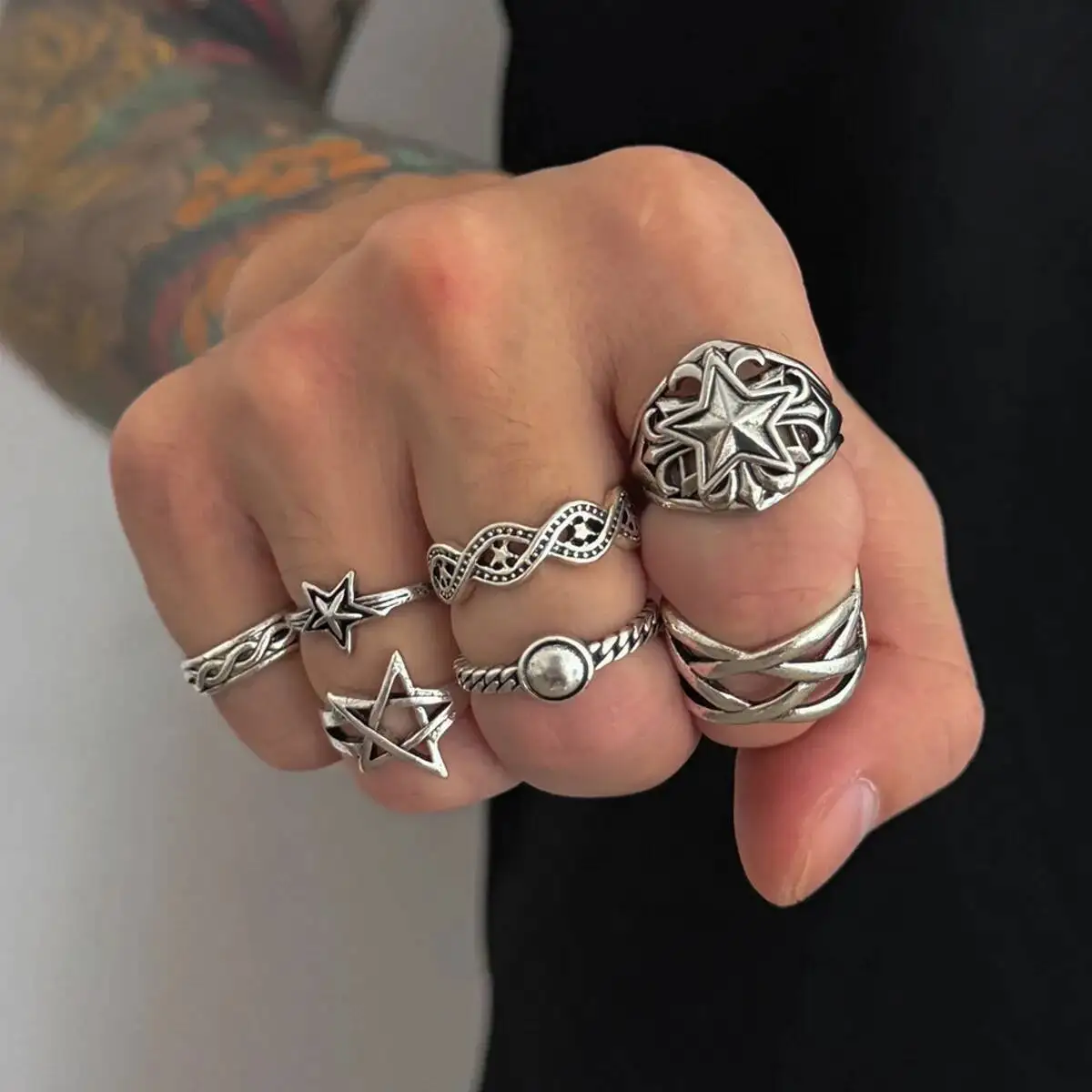 KunJoe 7 Pcs/Set Hip Hop Irregular Star Open Rings for Men New Punk Geometric Pentagram Adjustable Ring Male Jewelry Accessories