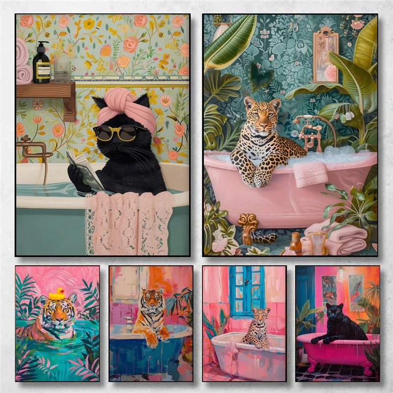 Farbenfrohe Badewannen-Tierfiguren Tiger Zebra Schwarze Katze Ästhetisches Diamant-Gemälde Nordische Badezimmer-Wandkunst Poster Wohnzimmer Heim-Deko
