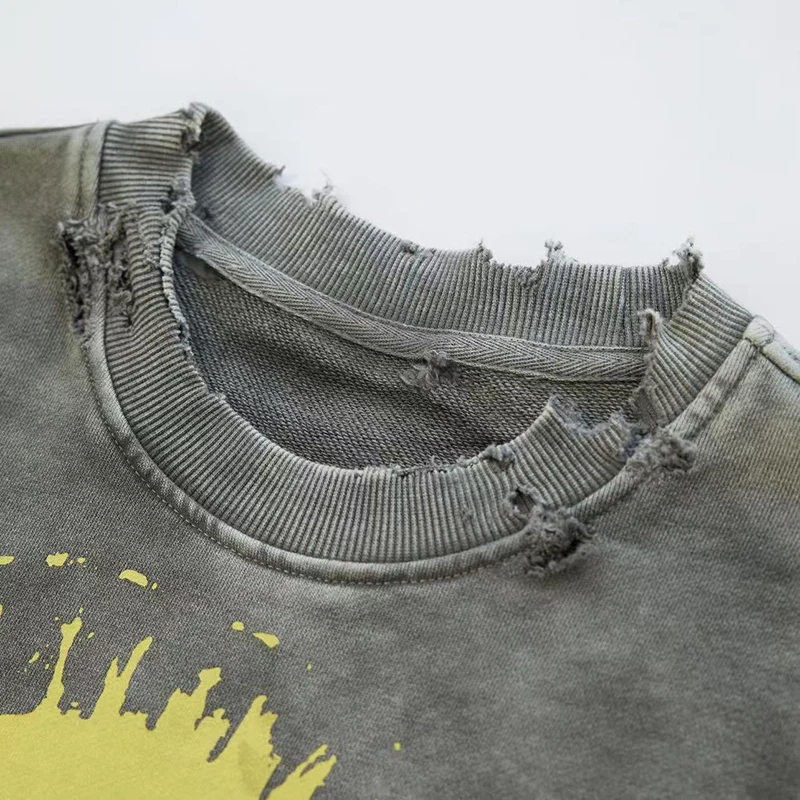 Good Quality 25ss Washed Distress Wash water ash SSSAINT Long Sleeve T-Shirt Print Men Women Cotton Vintage Wear Holes Style