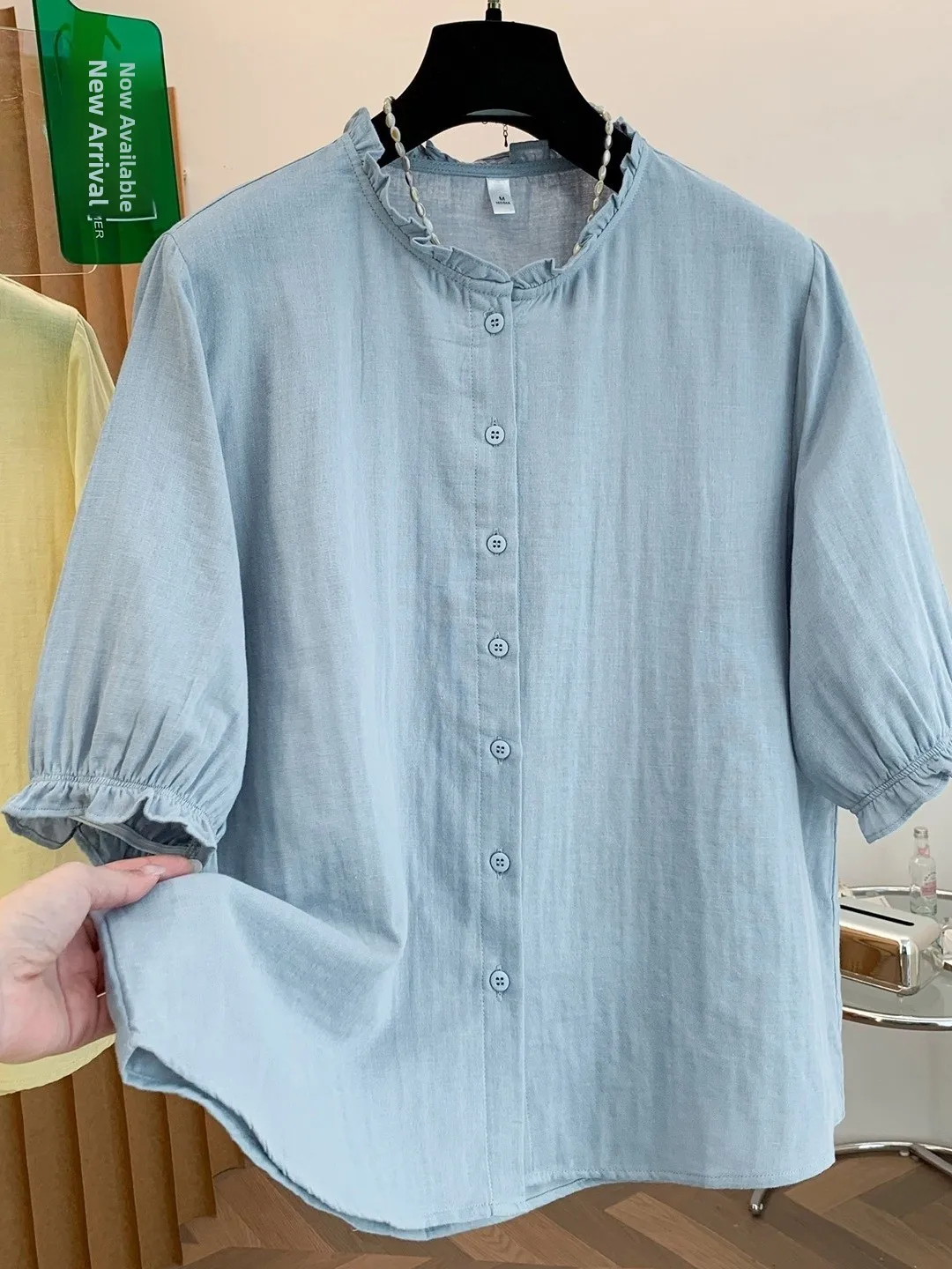 

Artistic Pure Color Cotton Shirt Women's Summer Slimming Casual Shirt with Mushroom Collar Medium Sleeve Length Elegant Top