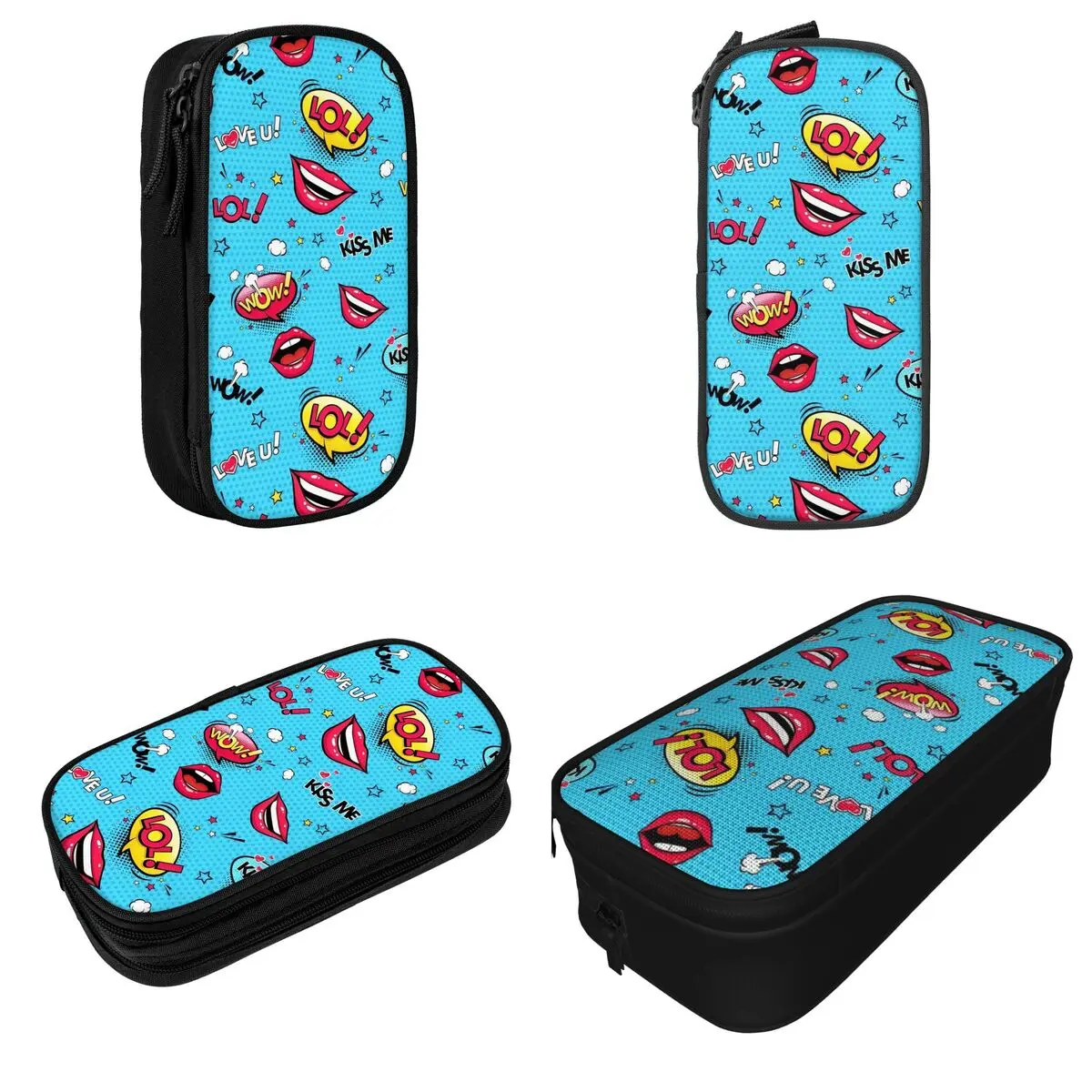 Large Capacity Pencil Case Comic Elements Seamless Pattern Office Supplies Double Layer Pencil Bag Women Makeup Bag