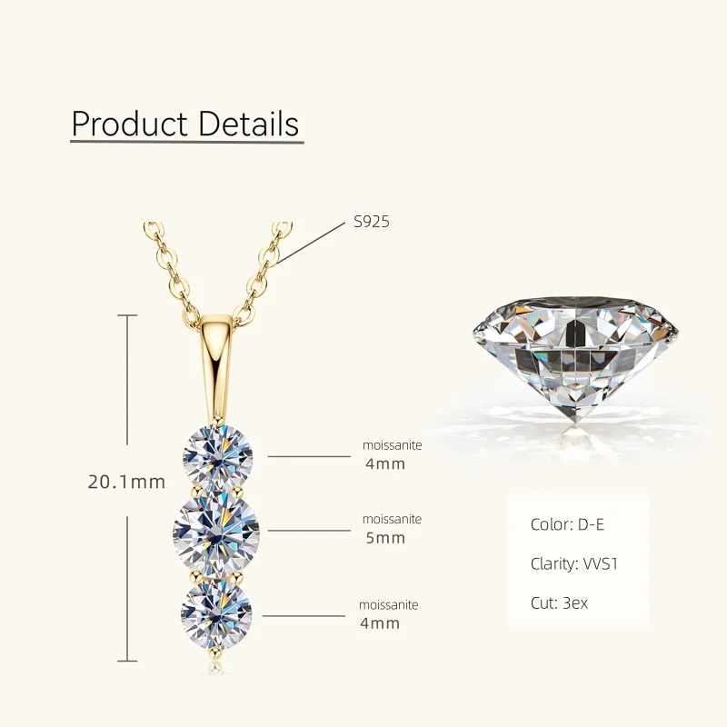 IOGOU Minimalist 5mm&4mm Round Moissanite Three-Stone Pendant Necklace for Women 2025 Trend Real 925 Silver Engagement Jewelry