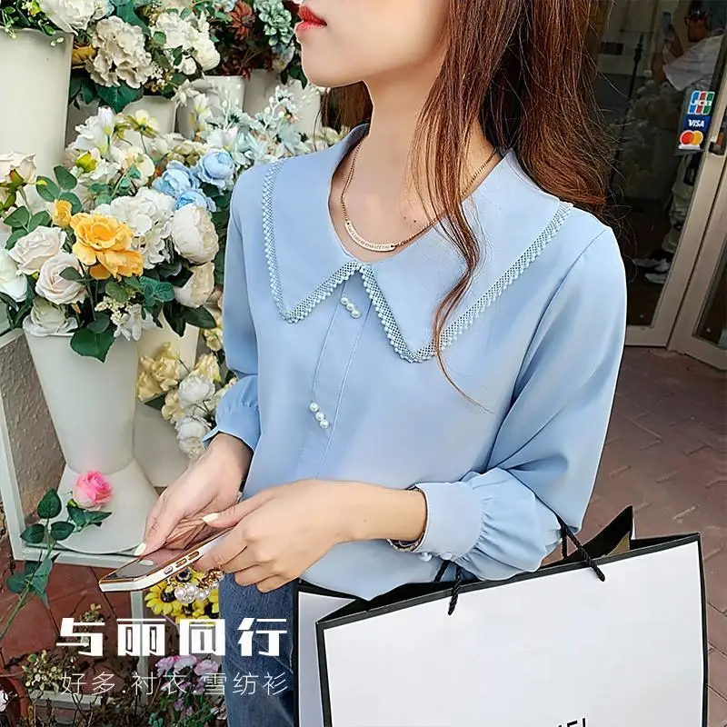 Spring Autumn New Fashion Doll Collar Long Sleeve Blouse Women High Street Casual Button Pullovers Vintage Elegant All-match Top