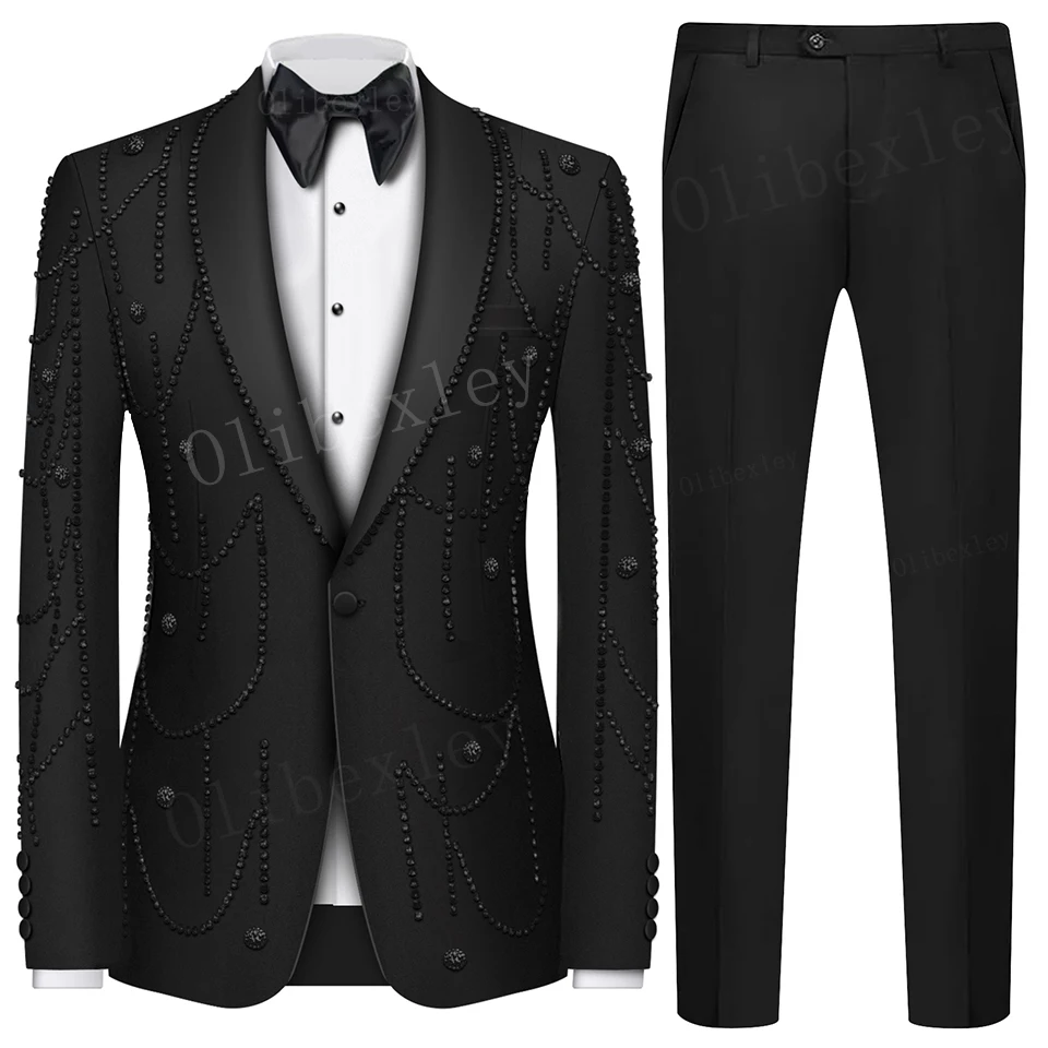 B08 Luxury Black Groom Wear Suits Men 2 Pieces Blazer Pants Notched Lapel Groom Tuxedos Sets Wedding Prom Blazers Suit for Party