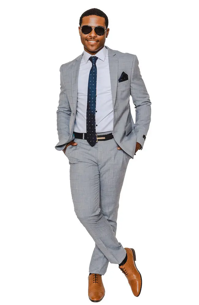 Slim Fit 2 Button Mens Suit Silver Windowpane Plaid Notch Lapel  Traje Caballero Hombre Vestir