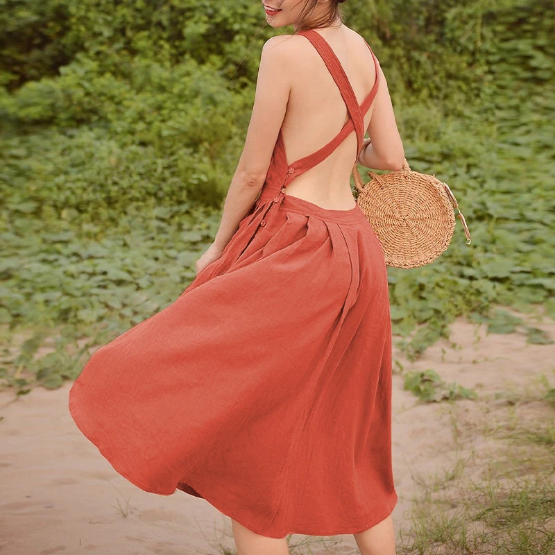 Cotton Linen Elegant Women Dress Sexy Sleeveless Sqaure Collar Back Cross Long Midi Party Dress With Pocket Summer Clothes