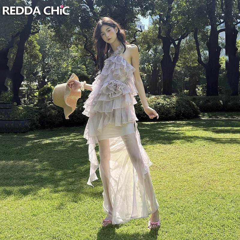 

REDDACHiC струящееся вечернее платье с воланами, сказочное тюлевое платье с рюшами и лямкой на шее, длинное платье русалки без рукавов, женская летняя одежда