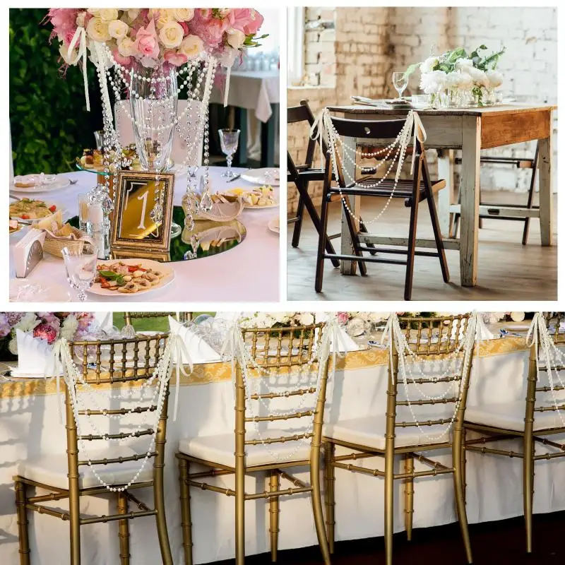 

50pcs Wedding Pearl Bow Chair Decoration Satin Ribbon Bows With Pearl Beaded String Garland Aisle Chair Sashes Lace For Party