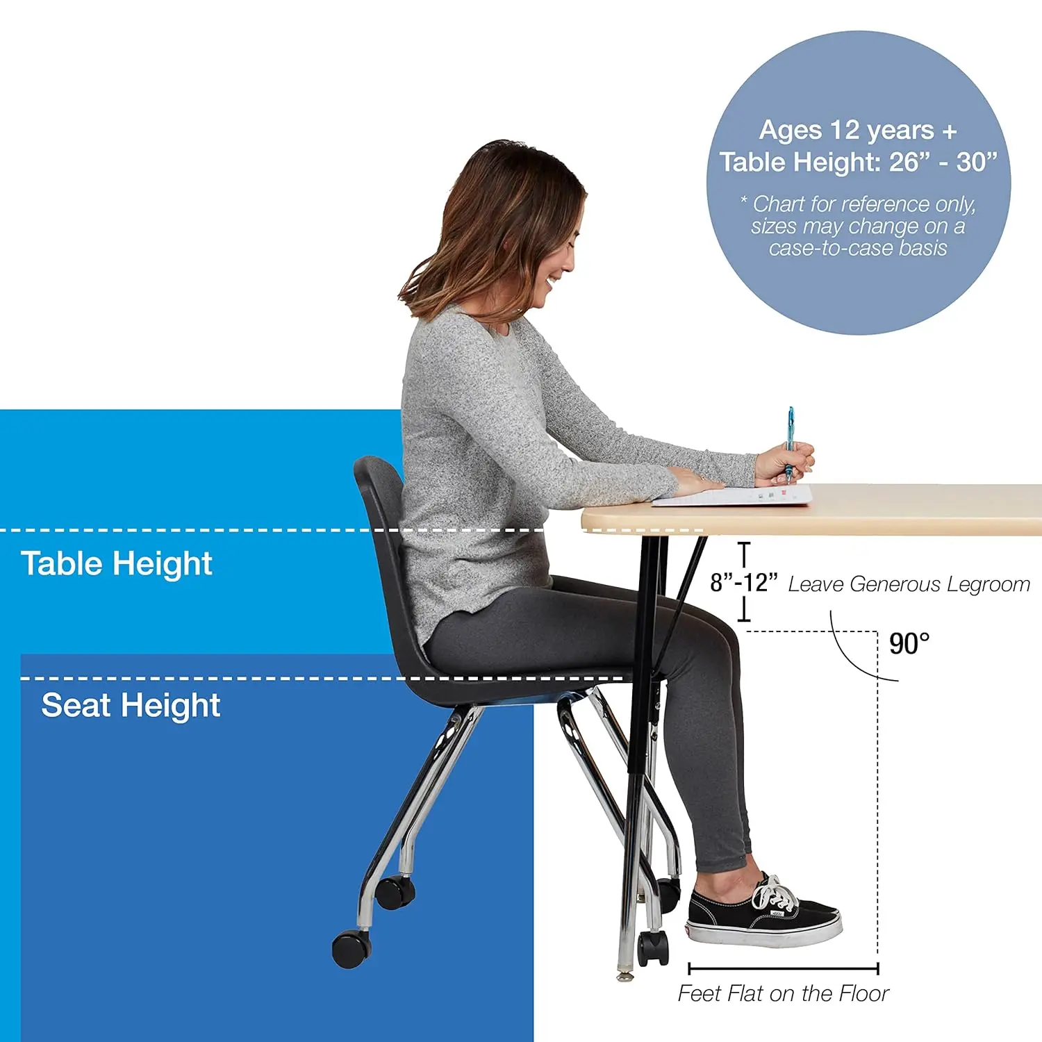 Direct Partners 10372-BK Cadeira escolar móvel de 18" com rodas para crianças, adolescentes e adultos; Assento ergonômico para aprendizagem em casa, Cl