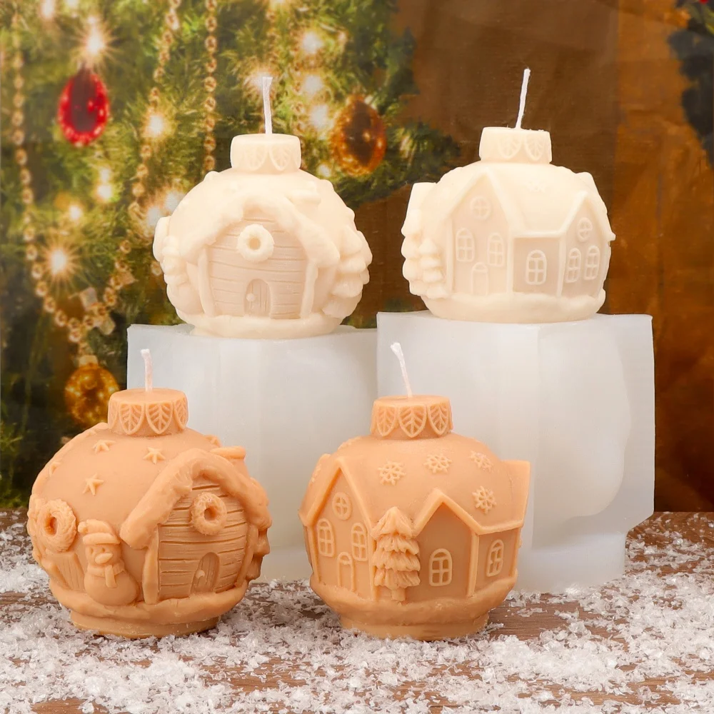 Exquisite Schneeflocke Haus Baum Weihnachtskugel Silikon Kerzenform Weihnachtshaus Stern Ball Gipsform für Kunstdekoration