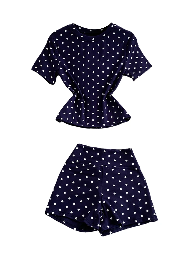 Korean Style Polka Dot Knitted Short Sleeve T-Shirt High Waist Fitness Pants Women's Fashion Set Slimming Peach Pants Two Pie... view 5