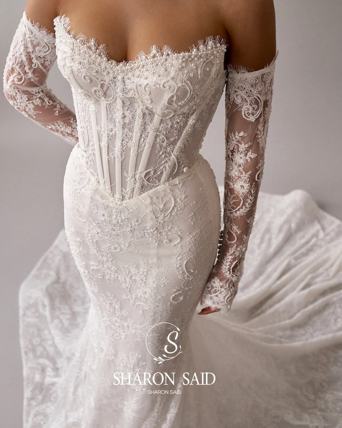 Sharon Said 2025 elegante manga larga sirena vestido de novia de encaje blanco Boho Sexy princesa vestidos de novia SW054 personalizado