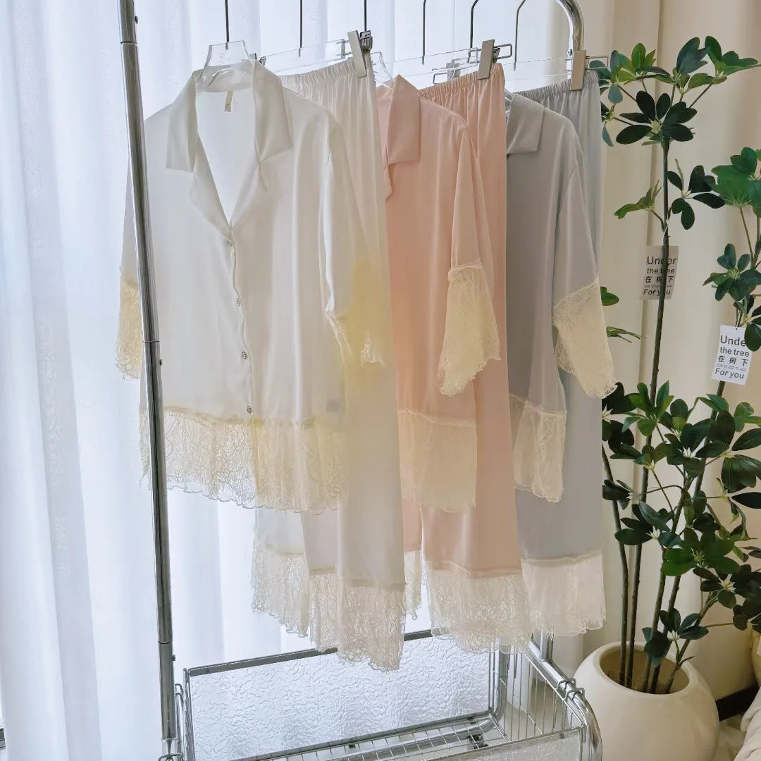 

Female Short Sleeve Sleepwear Pajamas Trouser Suits Pyjama Femme Loose Casual Home Wear Wedding Gift Summer Satin Nightwear