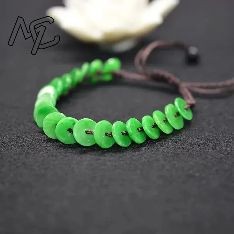 

Natural Green Jade Safety Buckle Doughnut Bracelet DIY Hand Knotting Design Bring Health Wealth Lucky Women Jewelry Customized