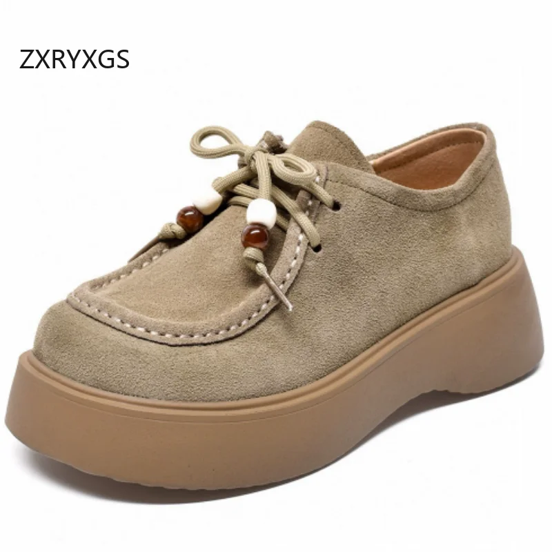 ZXRYXGS Premium Frosted Cowhide Thick Sole Loafers Wedges Mid Heels 2026 New Beaded Lace-up Round Toe Women Real Leather Shoes