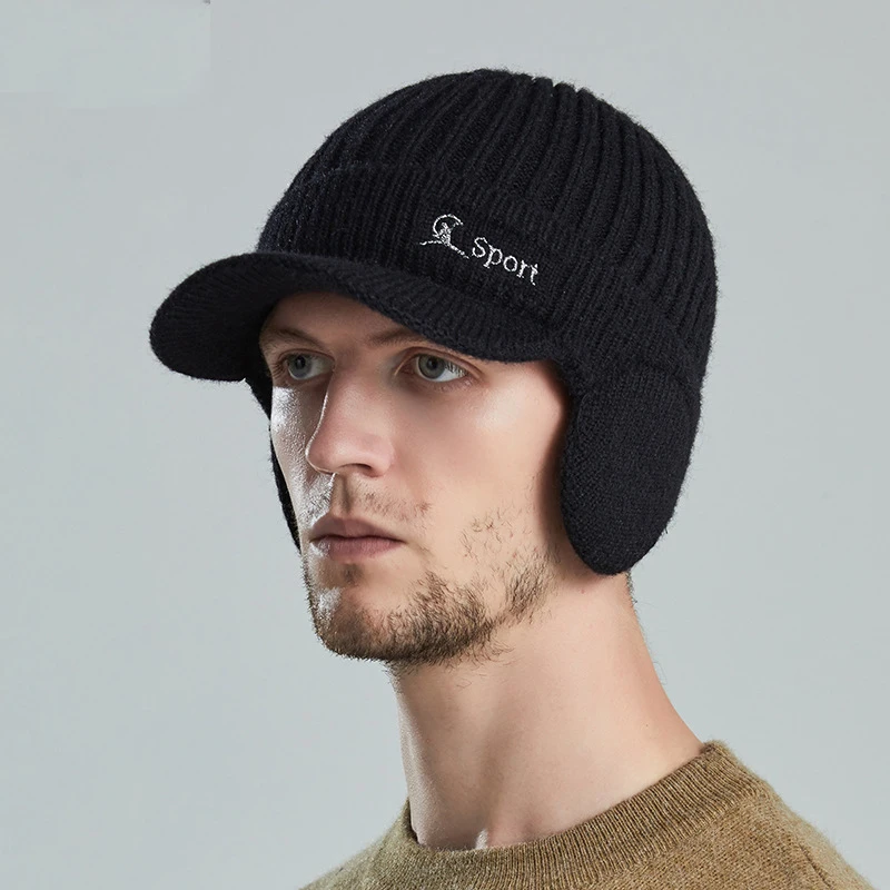 K268 Outdoor Woolen Cap Korean Version Men\'s Pullover Cap Warm and Thickened Duck Tongue Knitted ear Protection Baseball Hat