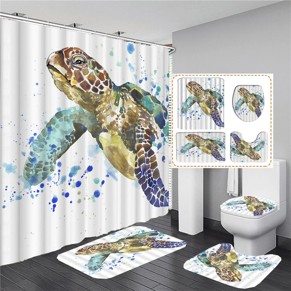 3D Ocean Seabed Animals Toilet Cover Bath Mat Sets Fish Sea Turtle Print Bathroom Curtain Set Waterproof Fabric Shower Curtains