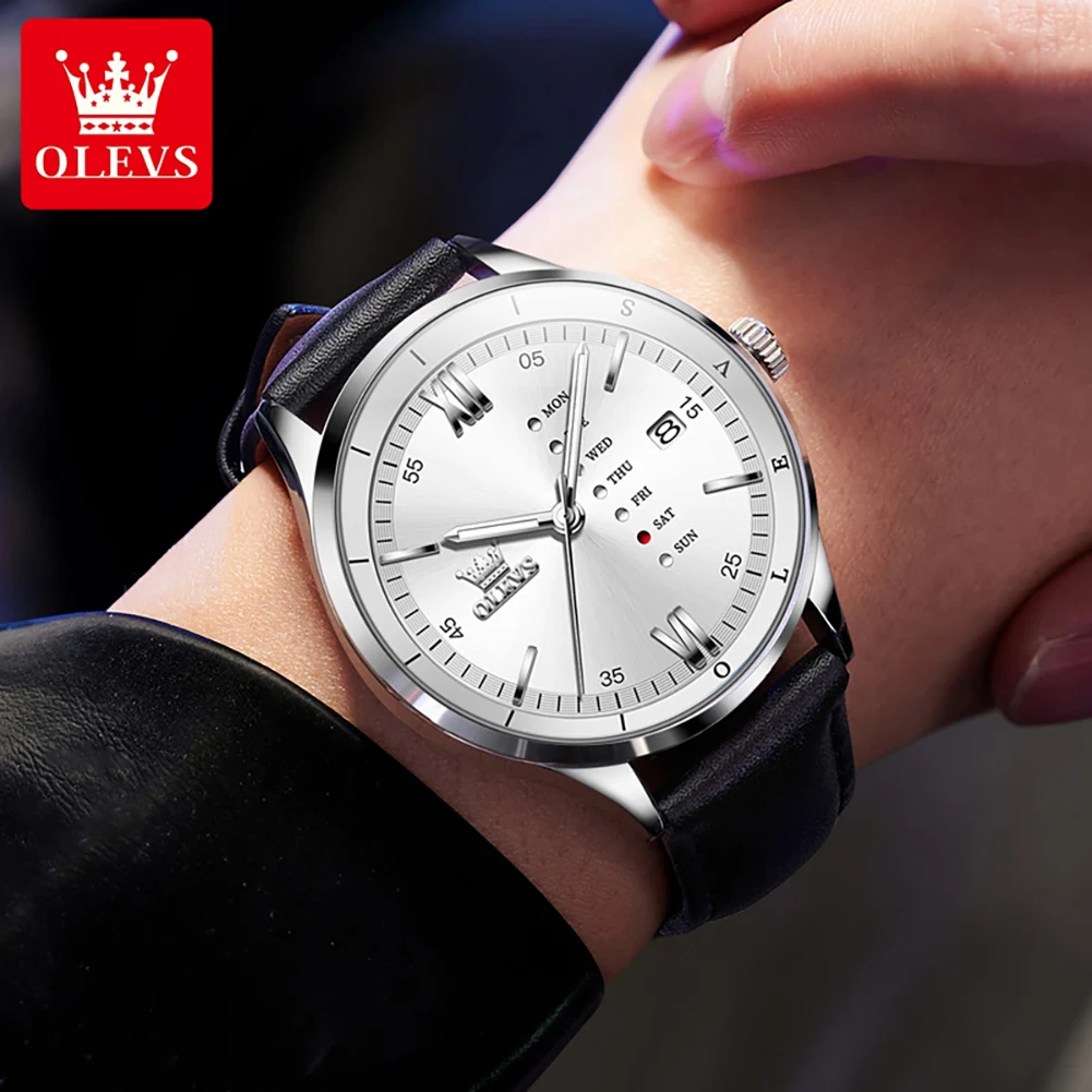 OLEVS Men\'s Watches Minimalist Fashionable Original Quartz Watch for Man Comfortable Leather Strap Waterproof Luminous Date Week
